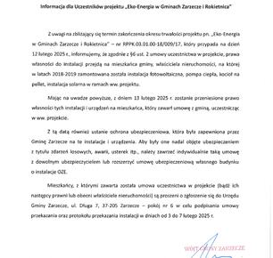 INFORMACJA DLA UCZESTNIKÓW PROJEKTU ,,EKO-ENERGIA W GMINACH ZARZECZE I ROKIETNICA"