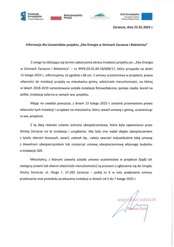 INFORMACJA DLA UCZESTNIKÓW PROJEKTU ,,EKO-ENERGIA W GMINACH ZARZECZE I ROKIETNICA"