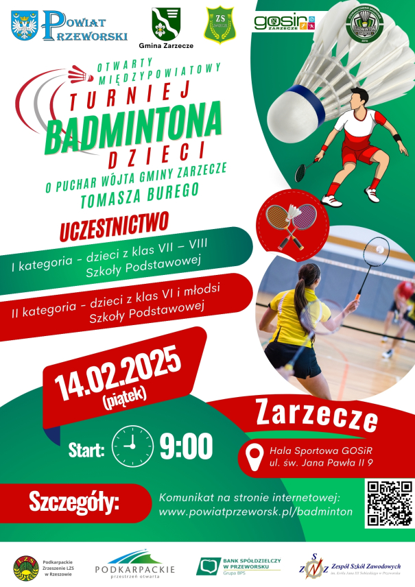 OTWARTY MIĘDZYPOWIATOWY TURNIEJ BADMINTONA DZIECI O PUCHAR WÓJTA GMINY ZARZECZE TOMASZA BUREGO