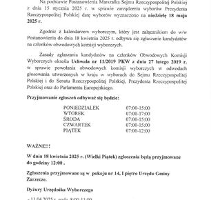 INFORMACJA DOTYCZĄCA ZGŁASZANIA KANDYDATÓW NA CZŁONKÓW OBWODOWYCH KOMISJI WYBORCZYCH NA TERENIE GMINY ZARZECZE