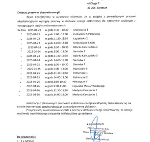 PRZERWA W DOSTAWIE ENERGII ELEKTRYCZNEJ