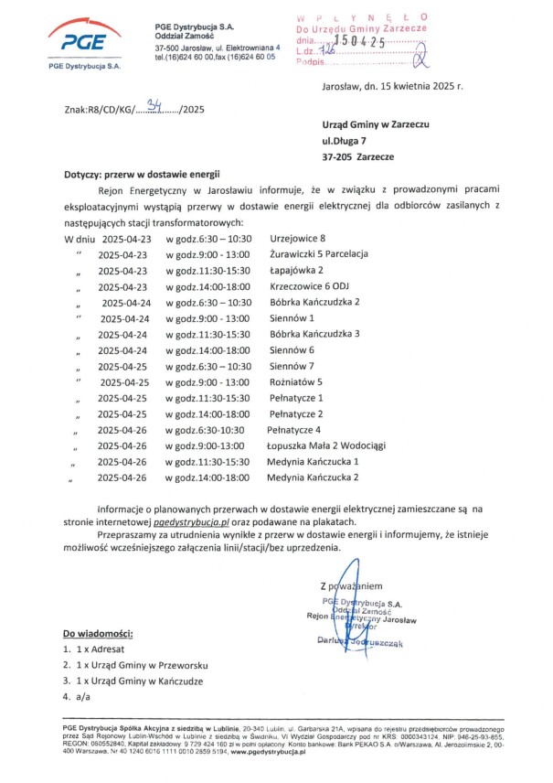 PRZERWA W DOSTAWIE ENERGII ELEKTRYCZNEJ