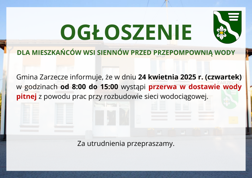 PRZERWA W DOSTAWIE WODY PITNEJ W MIEJSCOWOŚCI SIENNÓW