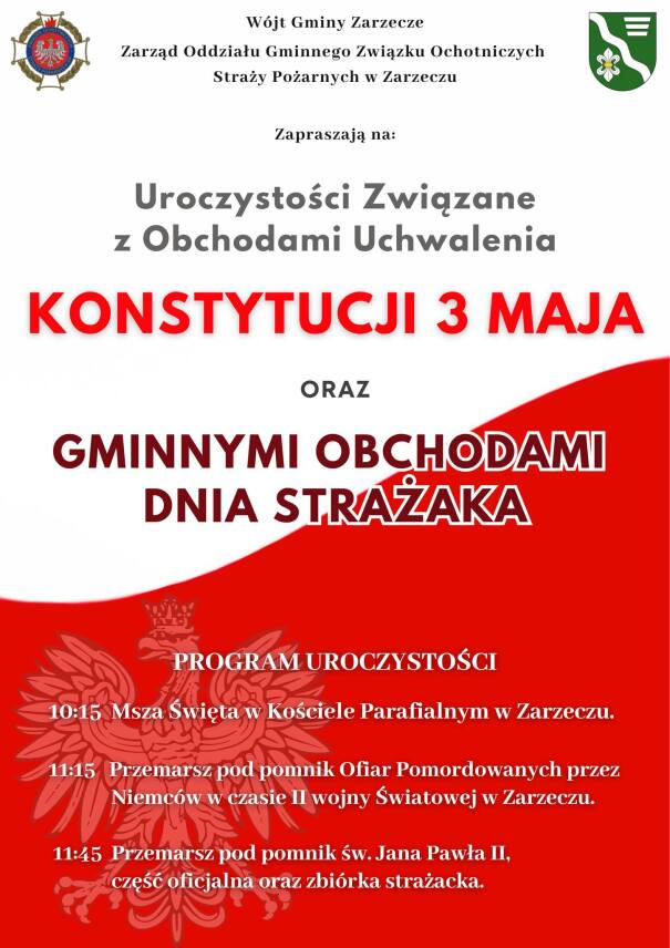 OBCHODY UCHWALENIA KONSTYTUCJI 3 MAJA ORAZ GMINNY DZIEŃ STRAŻAKA W ZARZECZU