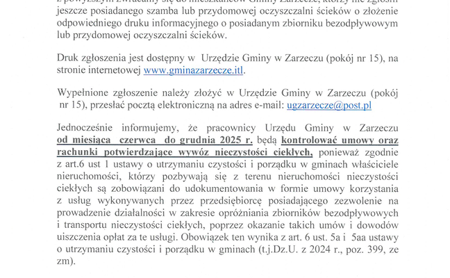 INFORMACJA DLA MIESZKAŃCÓW DOTYCZĄCA KONTROLI SZAMB I PRZYDOMOWYCH OCZYSZCZALNI ŚCIEKÓW