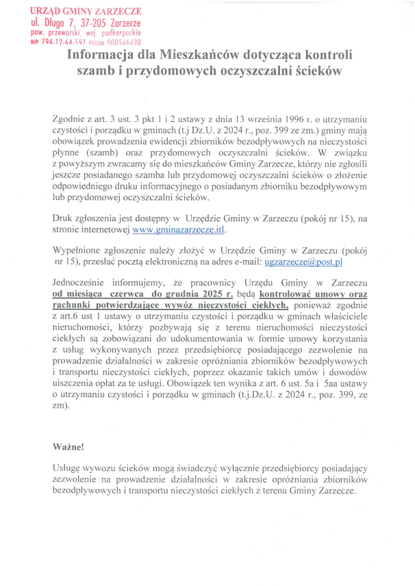 INFORMACJA DLA MIESZKAŃCÓW DOTYCZĄCA KONTROLI SZAMB I PRZYDOMOWYCH OCZYSZCZALNI ŚCIEKÓW