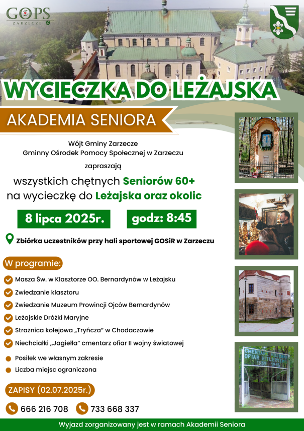 WYCIECZKA DO LEŻAJSKA ORAZ OKOLIC DLA SENIORÓW 60+