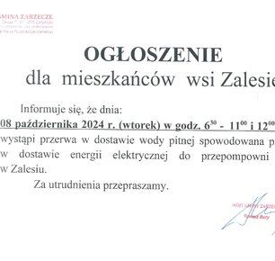 OŁOSZENIE DLA MIESZKAŃCÓW WSI ZALESIE