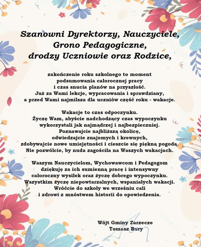 WAKACYJNE ŻYCZENIA OD WÓJTA GMINY ZARZECZE