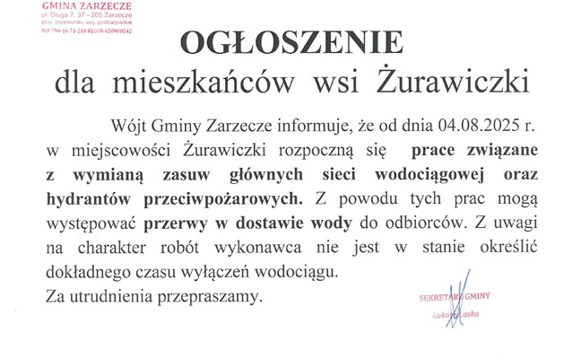 OGŁOSZENIE DLA MIESZKAŃCÓW WSI ŻURAWICZKI