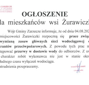 OGŁOSZENIE DLA MIESZKAŃCÓW WSI ŻURAWICZKI