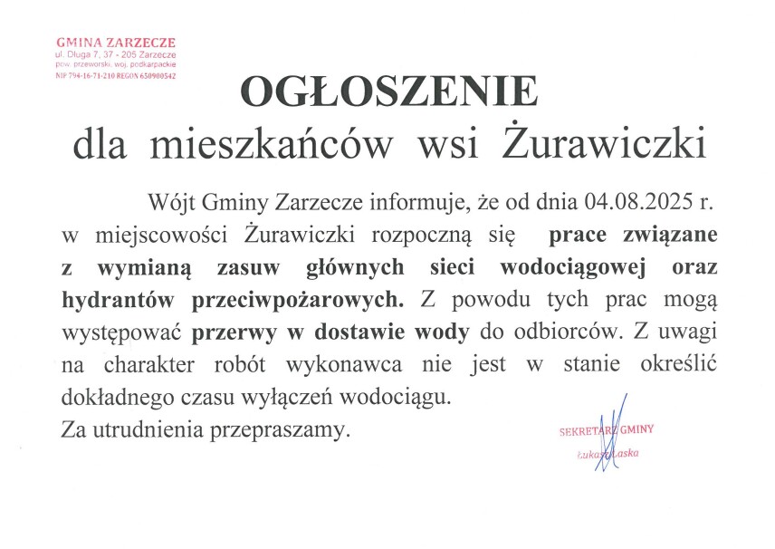 OGŁOSZENIE DLA MIESZKAŃCÓW WSI ŻURAWICZKI