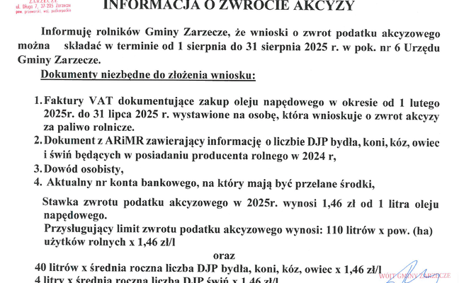 INFORMACJA O ZWROCIE AKCYZY
