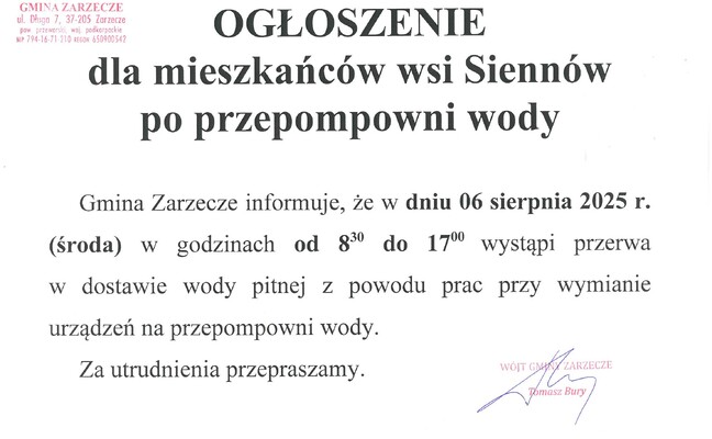 OGŁOSZENIE DLA MIESZKAŃCÓW WSI SIENNÓW