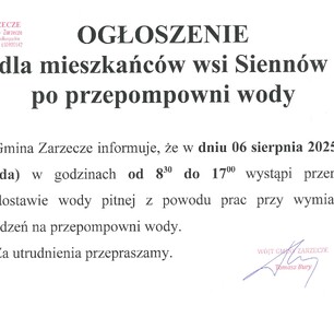 OGŁOSZENIE DLA MIESZKAŃCÓW WSI SIENNÓW