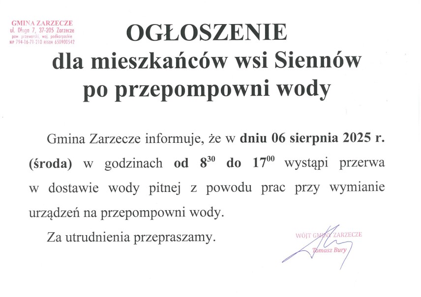 OGŁOSZENIE DLA MIESZKAŃCÓW WSI SIENNÓW