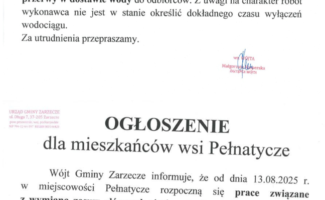WAŻNE INFORMACJE DLA MIESZKAŃCÓW SOŁECTW KISIELÓW I PEŁNATYCZE. MOŻLIWE PRZERWY W DOSTAWIE WODY