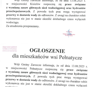 WAŻNE INFORMACJE DLA MIESZKAŃCÓW SOŁECTW KISIELÓW I PEŁNATYCZE. MOŻLIWE PRZERWY W DOSTAWIE WODY