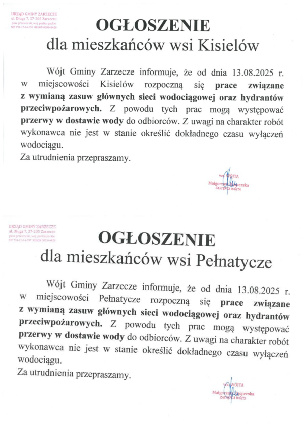 WAŻNE INFORMACJE DLA MIESZKAŃCÓW SOŁECTW KISIELÓW I PEŁNATYCZE. MOŻLIWE PRZERWY W DOSTAWIE WODY