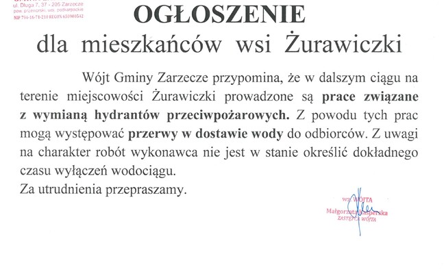OGŁOSZENIE DLA MIESZKAŃCÓW WSI ŻURAWICZKI