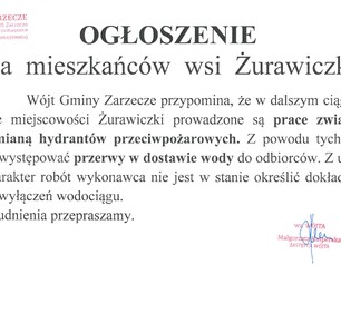 OGŁOSZENIE DLA MIESZKAŃCÓW WSI ŻURAWICZKI