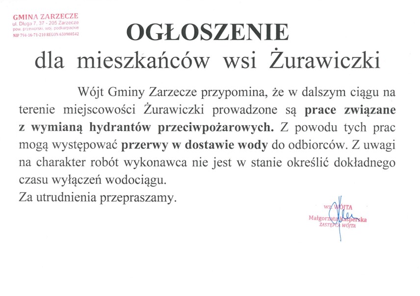 OGŁOSZENIE DLA MIESZKAŃCÓW WSI ŻURAWICZKI