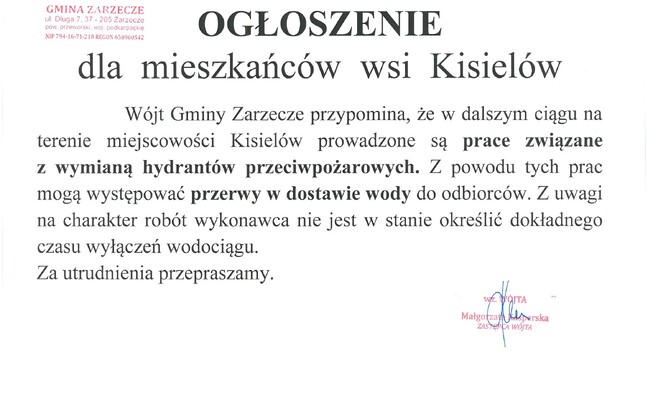 OGŁOSZENIE DLA MIESZKAŃCÓW WSI KISIELÓW