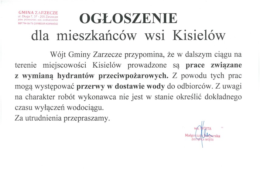 OGŁOSZENIE DLA MIESZKAŃCÓW WSI KISIELÓW
