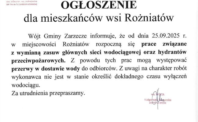 OGŁOSZENIE DLA MIESZKAŃCÓW WSI ROŻNIATÓW