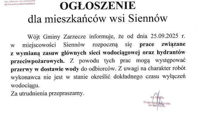 OGŁOSZENIE DLA MIESZKAŃCÓW WSI SIENNÓW