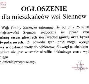 OGŁOSZENIE DLA MIESZKAŃCÓW WSI SIENNÓW