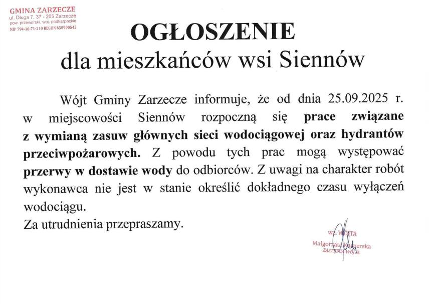 OGŁOSZENIE DLA MIESZKAŃCÓW WSI SIENNÓW