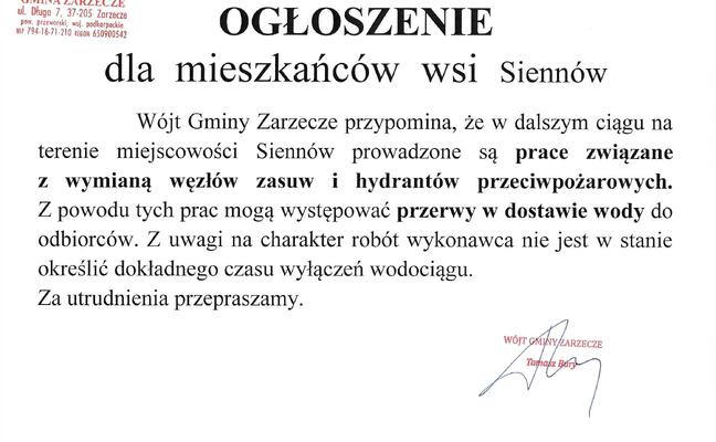 OGŁOSZENIE DLA MIESZKAŃCÓW WSI SIENNÓW