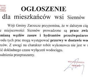 OGŁOSZENIE DLA MIESZKAŃCÓW WSI SIENNÓW