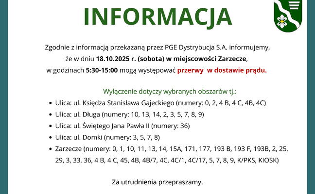 PRZERWY W DOSTAWIE PRĄDU W MIEJSCOWOŚCI ZARZECZE