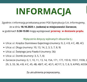 PRZERWY W DOSTAWIE PRĄDU W MIEJSCOWOŚCI ZARZECZE