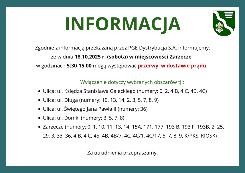 PRZERWY W DOSTAWIE PRĄDU W MIEJSCOWOŚCI ZARZECZE