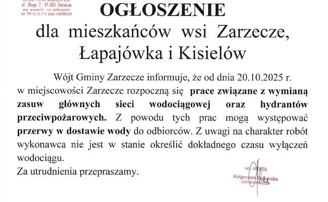 OGŁOSZENIE DLA MIESZKAŃCÓW WSI ZARZECZE, ŁAPAJÓWKA, KISIELÓW
