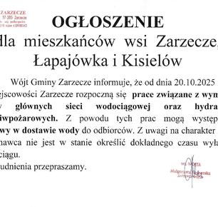 OGŁOSZENIE DLA MIESZKAŃCÓW WSI ZARZECZE, ŁAPAJÓWKA, KISIELÓW