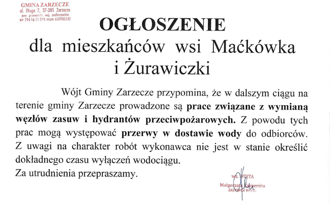 OGŁOSZENIE DLA MIESZKAŃCÓW WSI MAĆKÓWKA I ŻURAWICZKI