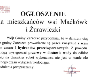OGŁOSZENIE DLA MIESZKAŃCÓW WSI MAĆKÓWKA I ŻURAWICZKI