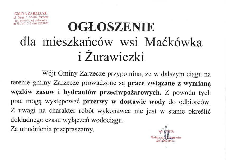 OGŁOSZENIE DLA MIESZKAŃCÓW WSI MAĆKÓWKA I ŻURAWICZKI