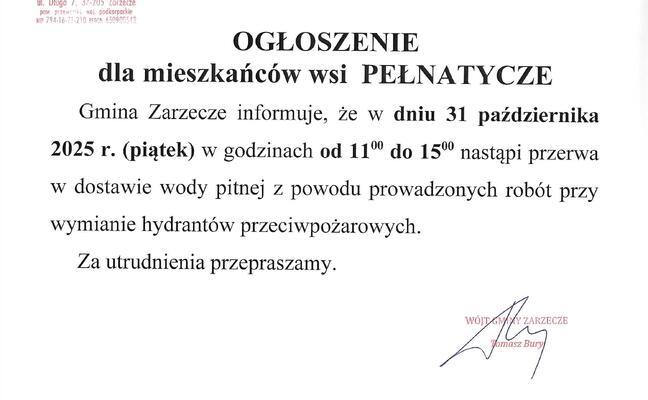 OGŁOSZENIE DLA MIESZKAŃCÓW WSI PEŁNATYCZE