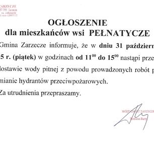 OGŁOSZENIE DLA MIESZKAŃCÓW WSI PEŁNATYCZE