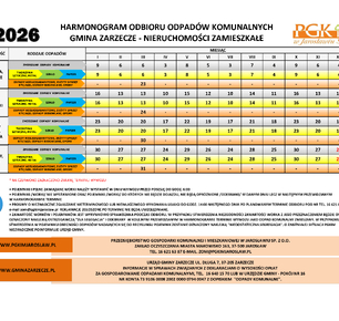 HARMONOGRAM ODBIORU ODPADÓW KOMUNALNYCH W 2026 ROKU - GMINA ZARZECZE