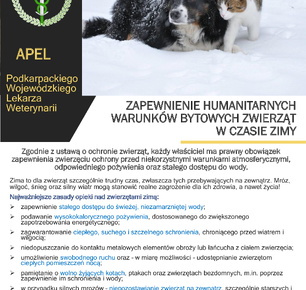 APEL PODKARPACKIEGO WOJEWÓDZKIEGO LEKARZA WETERYNARII O ZAPEWNIENIE HUMANITARNYCH WARUNKÓW BYTOWYCH ZWIERZĄT W CZASIE ZIMY
