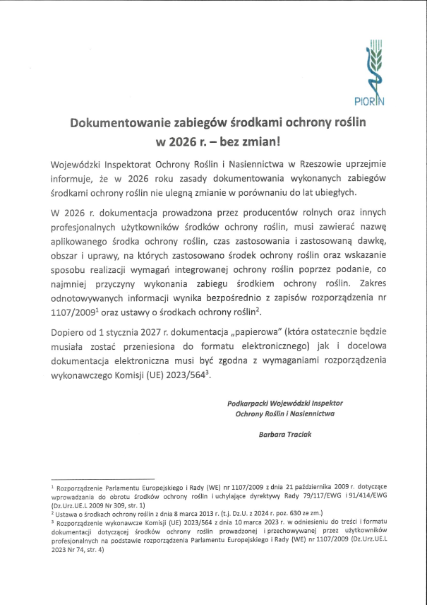 DOKUMENTOWANIE ZABIEGÓW ŚRODKAMI OCHRONY ROŚLIN W 2026 ROKU - BEZ ZMIAN