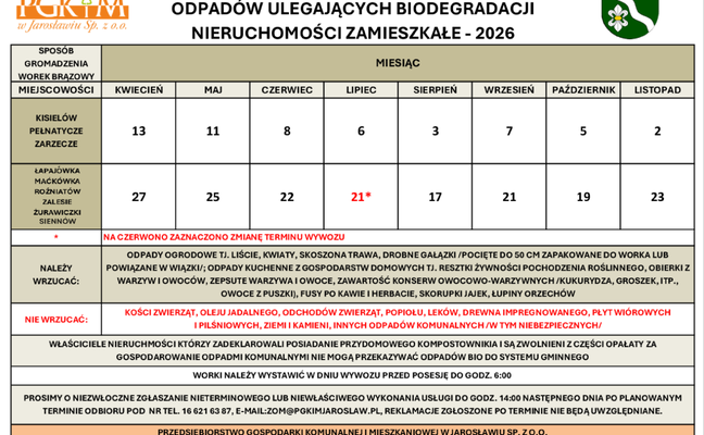 HARMONOGRAM ODBIORU ODPADÓW KOMUNALNYCH BIODEGRADOWALNYCH 2026