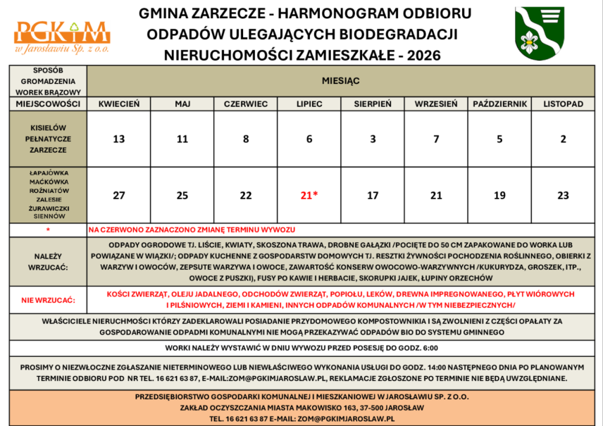 HARMONOGRAM ODBIORU ODPADÓW KOMUNALNYCH BIODEGRADOWALNYCH 2026