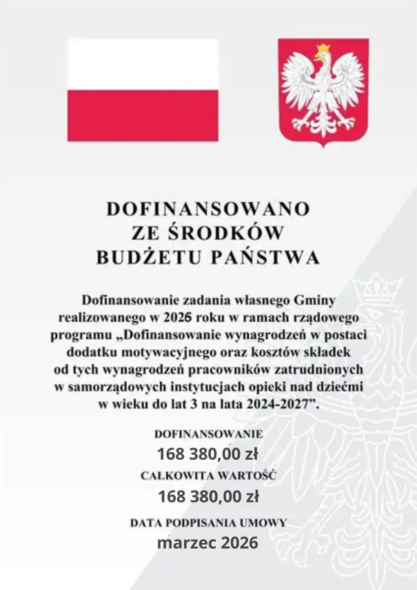 „DOFINANSOWANIE WYNAGRODZEŃ W POSTACI DODATKU MOTYWACYJNEGO ORAZ KOSZTÓW SKŁADEK OD TYCH WYNAGRODZEŃ PRACOWNIKÓW ZATRUDNIONYCH W SAMORZĄDOWYCH INSTYTUCJACH OPIEKI NAD DZIEĆMI W WIEKU DO LAT 3 NA LATA 2024-2027”